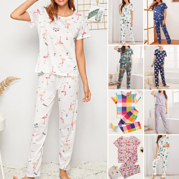 kvinnor sommar pyjamas set rund hals blommiga rutigt loungewear Cactus L