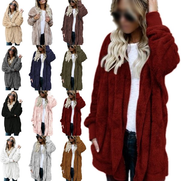 Warm Teddy Bear Fluffy Coat Dam Hooded Fleece Jacka claret 5XL
