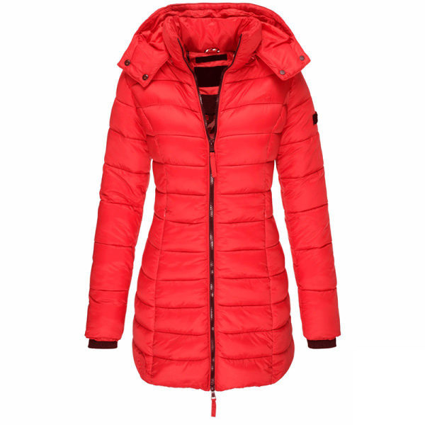 Dame hættejakke polstret vinter varm lang frakke Puffer Outwear Röd L
