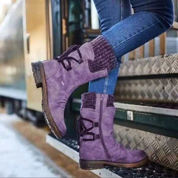 Kvinnors Vinter Mid Calf Boots Martens Booties Dragkedja Snörning Violet 36