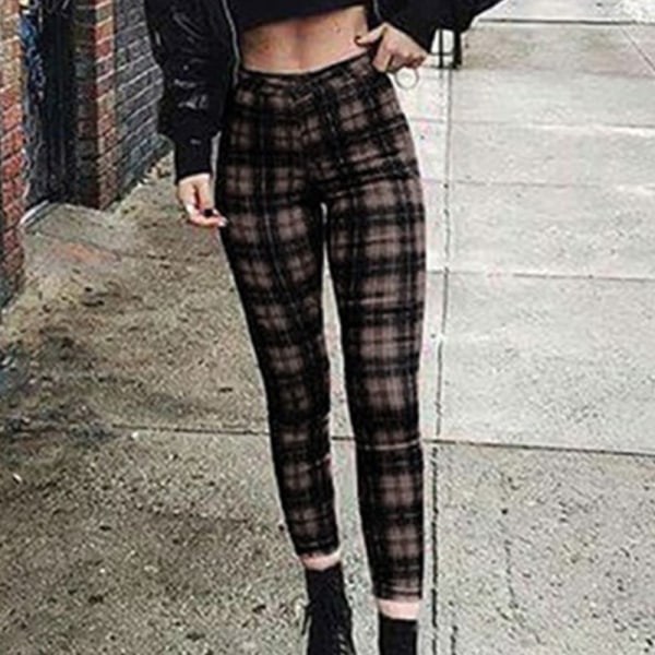 Kvinders højtaljede plaidbukser Skinny Sport Punk lange bukser Kaffe XL