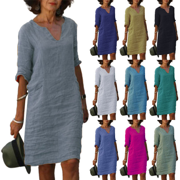 Kvinder V-hals tunika midi kjole 3/4 ærmer T-shirt kjoler Light Green 3XL