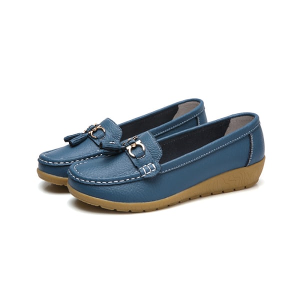 Dame Rund Toe Flats Sko Loafers Mokkasiner Tassel Nurse Blue 38