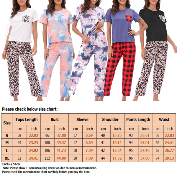 kvinder sommer rund hals print farve blok pyjamas sæt hjemmetøj 1# XL