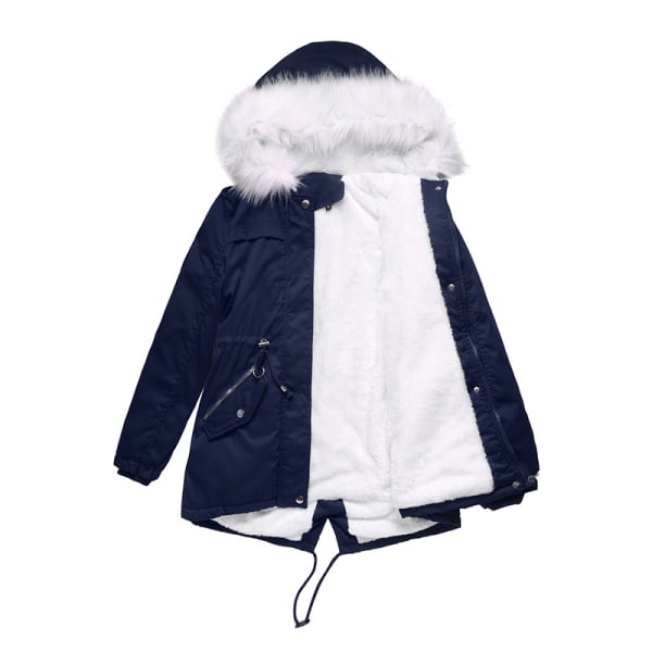 Naisten talvihupullinen takki Fleecevuorattu päällystakki vetoketju Navy Blue S