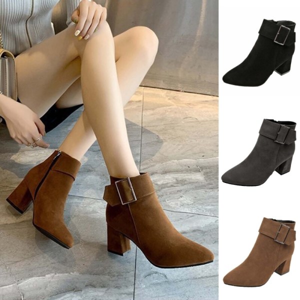 Naisten Casual Mid Top Block Heels Bootie Comfort talvikengät Brun 36