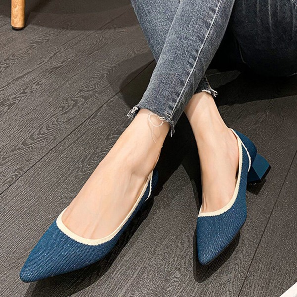 Kvinner spiss tå Mid Heel Office Strikket Pump Dress Shoes Work Blue 39
