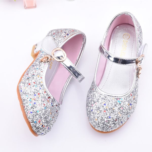 Tyttöjen paljetteja juhlakengät Princess Dance Shoes Heels Sandaalit Silver 27