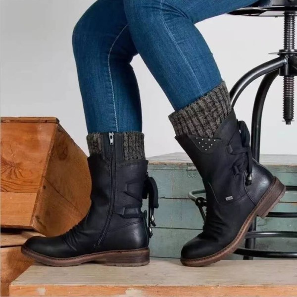 Kvinnors Vinter Mid Calf Boots Martens Booties Dragkedja Snörning Black 35