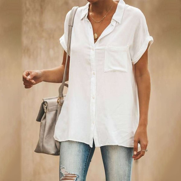 Kvinder kortærmede toppe Button Down skjorter White 2XL
