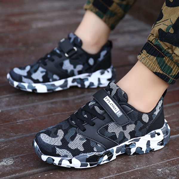 Barn Camouflage Rund Toe Walking Shoe Athletic Sneakers Svart Vit-1 30