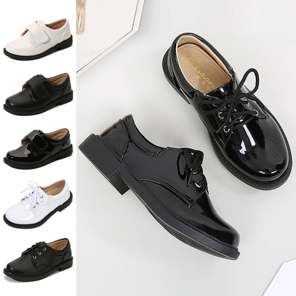 Boy Pu Læder Loafers Pure Color Low Heels Oxford Uniform Flats Svart-2 31