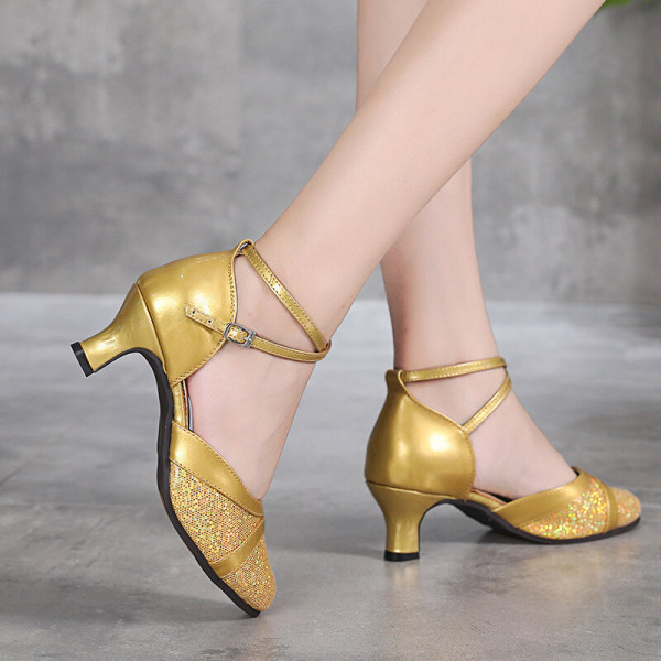 Kvinder balsal sandaler latin sko danser lukket tå midt hæl Gold (Indoor Faux Suede Sole) 41