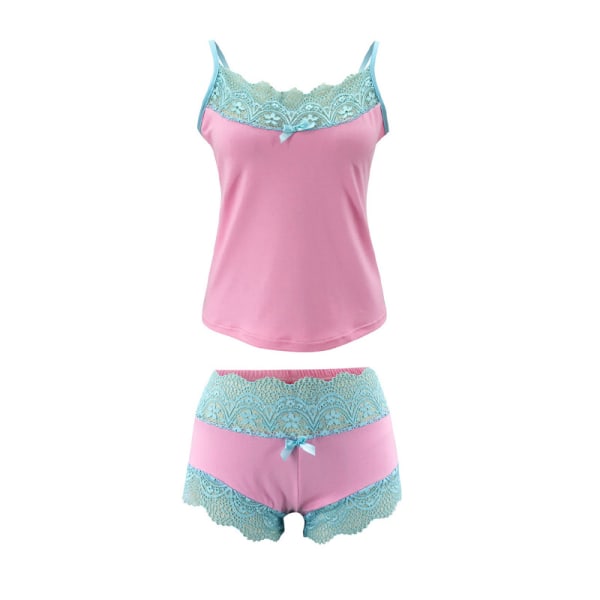 Kvinder V-hals blonde pyjamas sæt Lingeri Cami Overdele Nattøj Pink Blue,L