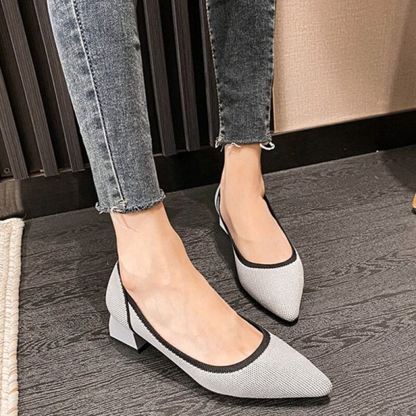 Kvinder spidstå Mid Heel Office Strikket Pump Dress Shoes Work Gray 40
