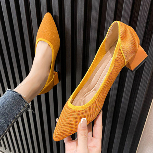 Kvinder spidstå Mid Heel Office Strikket Pump Dress Shoes Work Orange 40