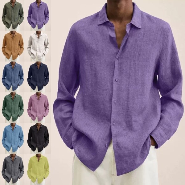 Långärmad herrskjorta Solid Casual Baggy Tops Blus Marinblå XL