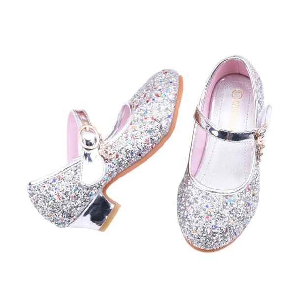 Tyttöjen paljetteja juhlakengät Princess Dance Shoes Heels Sandaalit Silver 28