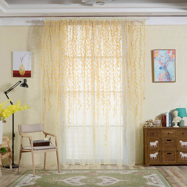 Blomstergardiner Persienner Voile Room Gardin Sheer Panel Tørklæde Yellow 100X200cm