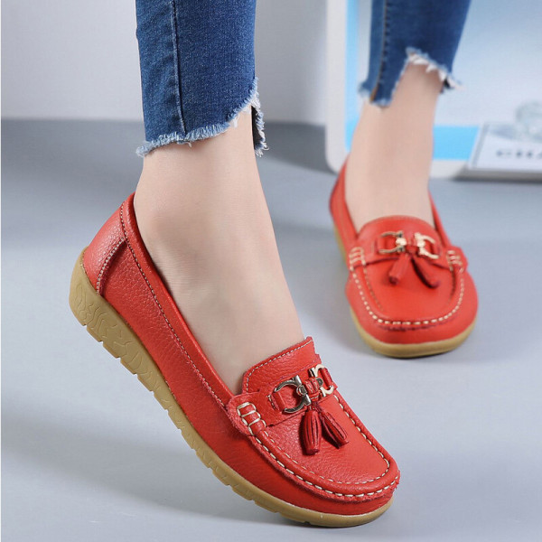 Dame Rund Toe Flats Sko Loafers Mokkasiner Tassel Nurse Red 41