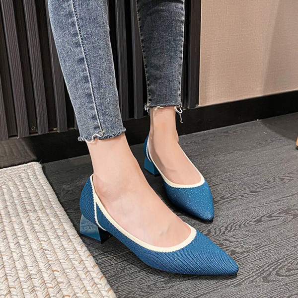Kvinder spidstå Mid Heel Office Strikket Pump Dress Shoes Work Blue 34