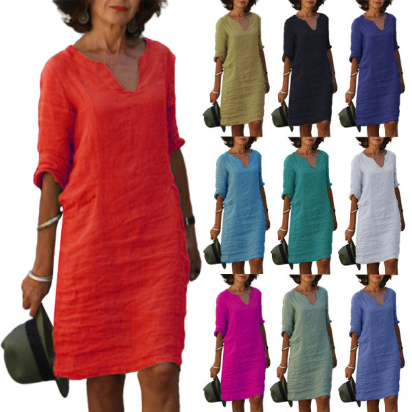 Kvinder V-hals tunika midi kjole 3/4 ærmer T-shirt kjoler Light Blue M