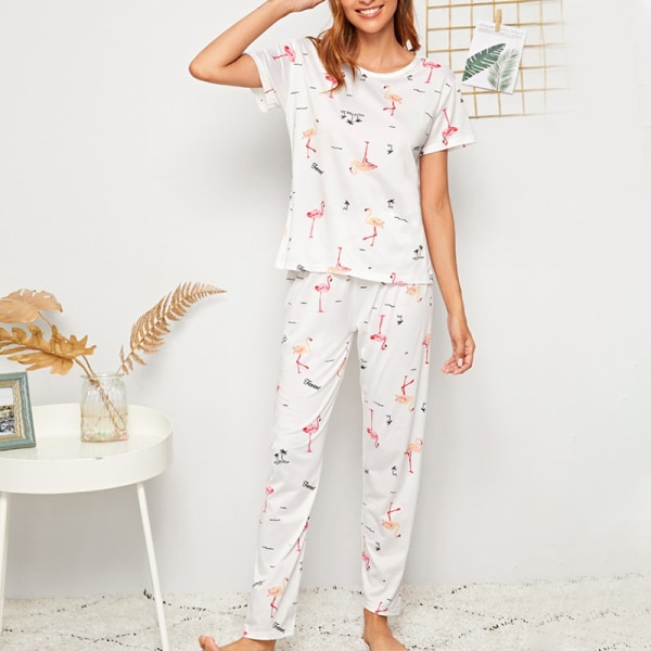 kvinder sommer pyjamas sæt rund hals blomstret plaid loungewear Flamingo L