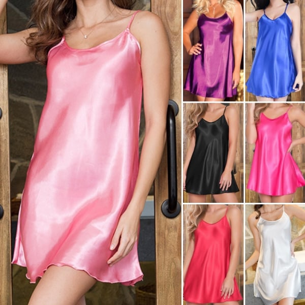 kvinnor solida nattkläder satin sexig chemise slip underkläder Pink L