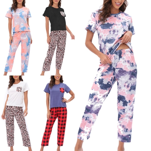 kvinder sommer rund hals print farve blok pyjamas sæt hjemmetøj 5# XL