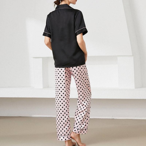 Kvinder 2 stykke pyjamas sæt kortærmede toppe + bukser nattøj Black Pink Polka Dots L