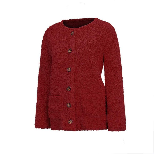 Dame varm fluffy frakke fleece knap jakke vinter outwear Röd S
