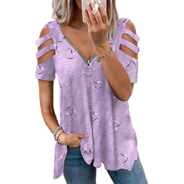 Naisten lyhythihainen T-paita V-kaula-aukolla vetoketjullinen Topit Purple L