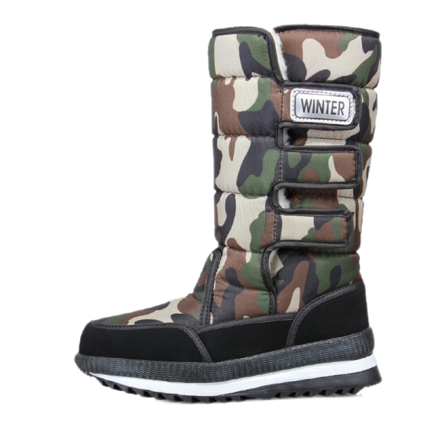 Unisex Casual Round Toe Mid Calf Boot Platform Vintervarma skor Camouflage för kvinnor 38