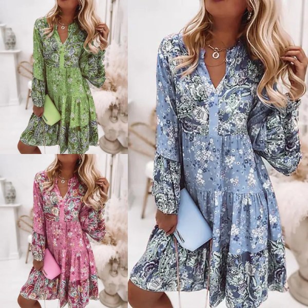 Kvinnor sommar långärmade klänningar Blommigt print strand Miniklänning Green 2XL