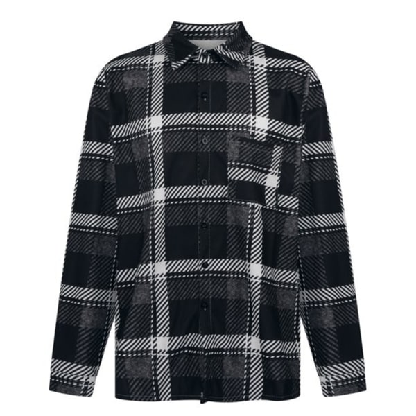 Herre plaid langærmede skjorter Casual Lapel Streetwear frakke Svart 3XL