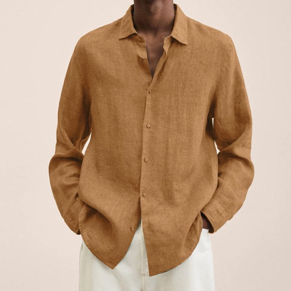 Langærmet skjorte til mænd Solid Casual Baggy Toppe Bluse Kaki 3XL