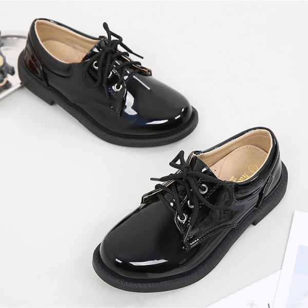 Boy Pu Läder Loafers Pure Color Låga klackar Oxford Uniform Flats Svart 34