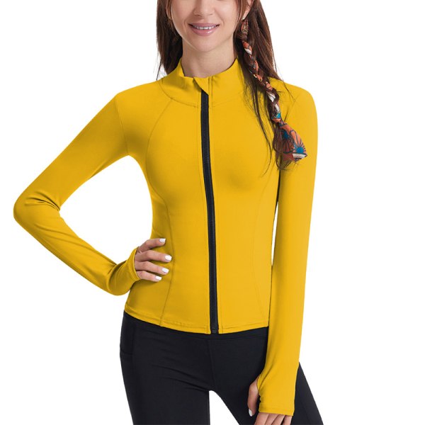 Kvinder Full Zip Workout Top T-shirt Yoga Bluse Sports Gym Comfy Yellow L