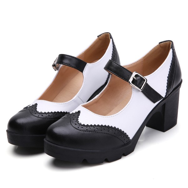 Kvinner Chunky High Heels Dress Pumps Sko Tykksåle Kakesko Black White 39