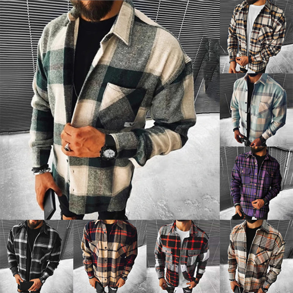 Miesten ruudullinen pitkähihaiset paidat Casual Lapel Streetwear Coat Röd 3XL