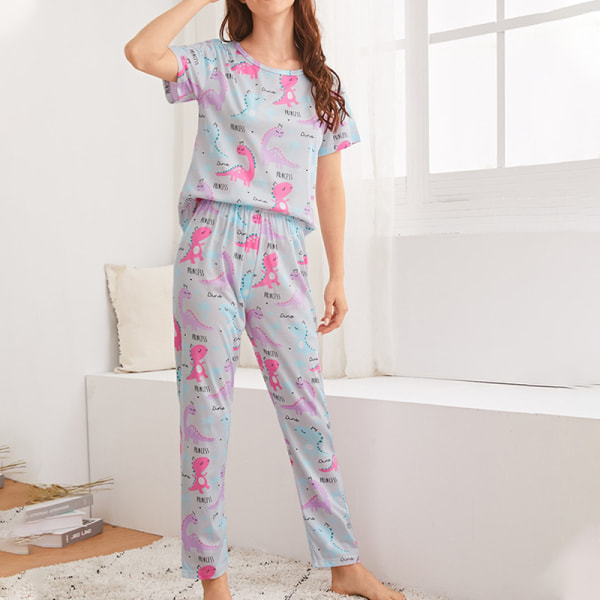 kvinnor sommar pyjamas set rund hals blommiga rutigt loungewear Powder During S