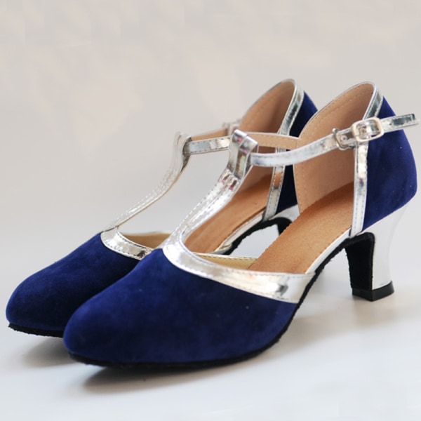 Dame latinske sandaler Dansesko T-strop med lukket tå mellem hæl Blue+ Silver 34