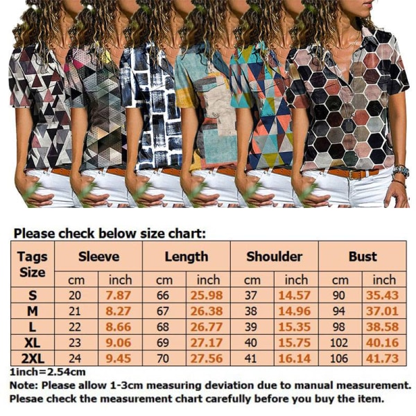 Kvinnors kortärmade Button Down-skjortor Toppar printed V-hals Printed 3,M