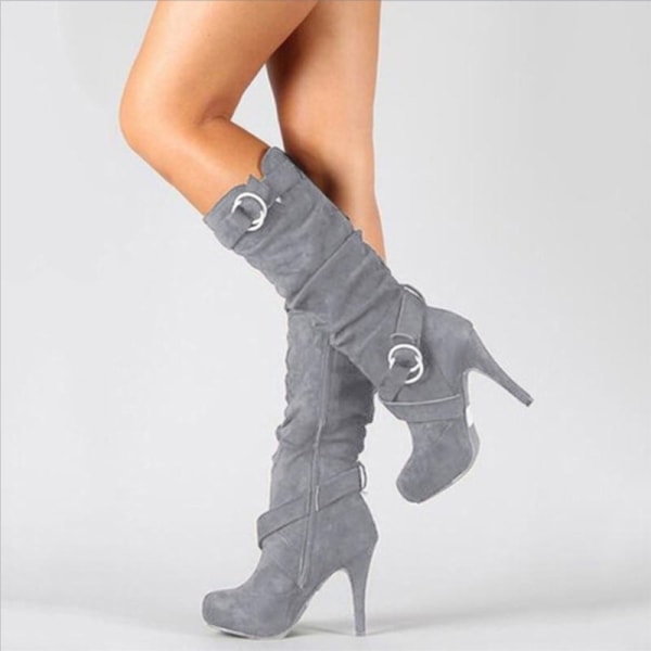 Kvinders varme høje rørstøvler med fine hæle Casual højhælede sko Grey 34