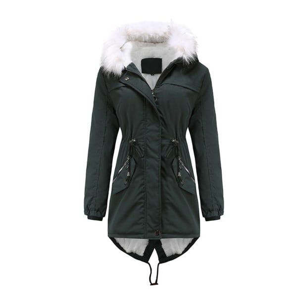 Naisten talvihupullinen takki Fleecevuorattu päällystakki vetoketju Dark Green 3XL