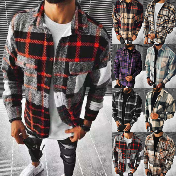 Miesten ruudullinen pitkähihaiset paidat Casual Lapel Streetwear Coat Grön 3XL