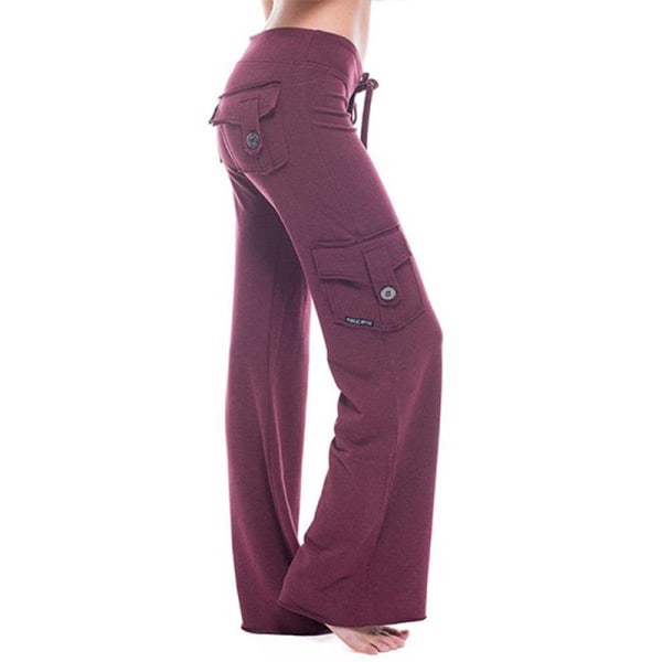 Ladies Yoga Gym Sport Wide Leg Pocket Byxor Lösa långbyxor Claret,XL