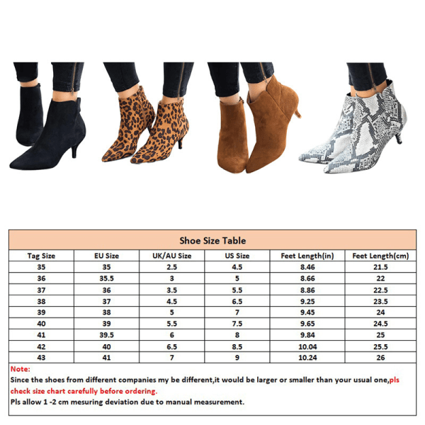 Ladies Side Zip Mid Heel Ankel Boot Leopard Print Stiletto Boots Svart 43