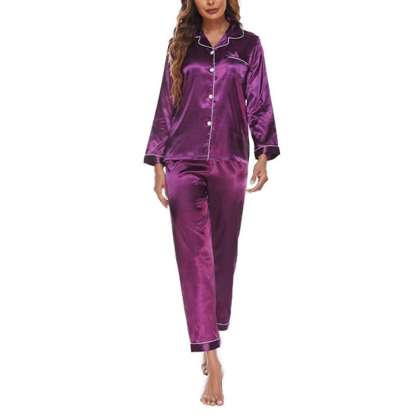 Naisten kiinteät pyjamasetit yöpuvut Pyjamanappilla casual puku Purple S