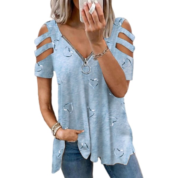 Naisten lyhythihainen T-paita V-kaula-aukolla vetoketjullinen Topit Blue L